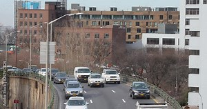 Vehicular traffic flows on the BQE Brooklyn Queens Expressway I-278 in Brooklyn, New York.
