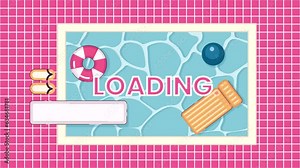 Inflatable swimming pool above 2D loading animation. Summertime poolside animated cartoon scene overhead view 4K video loader motion graphic. Summertime fun top view download, upload progress gif