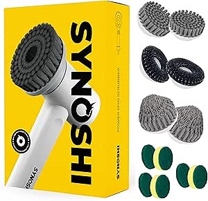 SYNOSHI Electric Spin Scrubber Kit + 2 Cone + 2 Steel + 2 Round + 6 Sponge Brush Heads