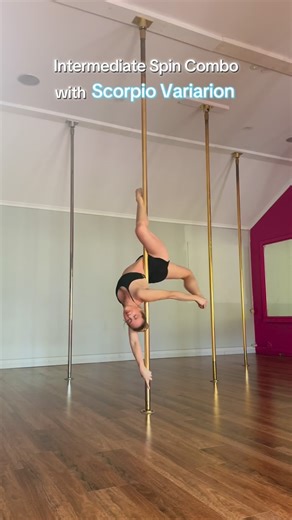Sophia Holland on Instagram: "Try this spin combo … it’s very flowy! And this #pdscorpiovariation is really beautiful 😍 Grab your back foot and then try to evolve your shape as you spin- push your foot into your hand and open the back of your knee, lift your chest (even though you’re inverted) and open your shoulders 💕 #femininestrength #gracefulpoledancer #gracefulpole #elegantfitness #gracefulstrength #pdallegravariation #intermediatespincombo"