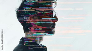Double exposure of programmer with code overlay in profile view.
