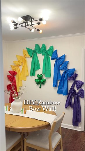 Just @Dollar Tree tablecloths! 🌈 I made this rainbow bow wall using Dollar Tree tablecloths and it was SO easy! Just make bows and tape or pin them in a rainbow shape for the cutest photo backdrop! Perfect for birthdays or a St. Patrick’s Day party! #easydiy #stpatricksday #partydecorideas #diybackdrop #photobackdrop