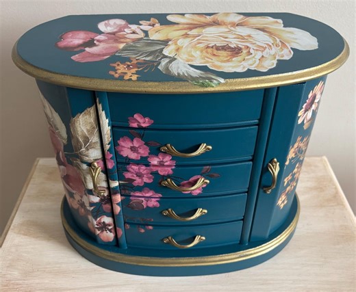 Teal jewelry box, turquoise, floral, hand painted, upcycled, tabletop, gift for her, ladies, girls, one of a kind, pretty, French country
