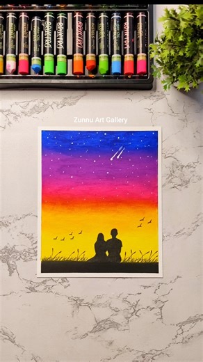 Couple Sunset Painting 🌅✨ | Oil Pastel Art #zunnuartgallery #ytshorts