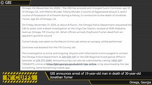 The Georgia Bureau of Investigation says an Omega man is in custody in connection with the death of 30-year-old Jonathan Turner. According to the GBI, 19-year-old Justin Contreras was arrested and charged with Malice Murder, Felony Murder, two counts of Aggravated Assault, and two counts of Possession of a Firearm During a Felony. Around 8:15 p.m. on November 21, 2025, Omega Police requested the GBI to assist with an investigation at the Citgo Gas Station at 5530 Alabama Avenue. At the scene, of