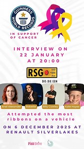 🎗 GUINNESS WORLD RECORDS | IN SUPPORT OF CANCER 🎗 📻 RADIO INTERVIEW 🗓 22 January ⏰ 20:00 📍 RSG – Dis Die Een Join Anel Alexander, Babette Labuschagne, Billy Cowley and brave Kate Hayes as they share the story behind an incredible Guinness World Records™ attempt made in aid of cancer awareness 💛💜🩷 🚗 Record Attempted: Most ribbons placed on a vehicle This powerful initiative supported PinkDrive and Sungardens Hospice: Pretoria & Mamelodi, raising awareness, hope and unity through action. 