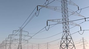 Electricity pylons and lines. Power lines at sunset. Loopable animation. 3D Rendering. 4K.