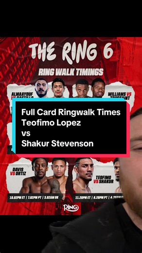 Full Card Ring Walk Times - Teofimo Lopez vs Shakur Stevenson #boxing #bakerboxing #teofimolopezvsshakurstevenson