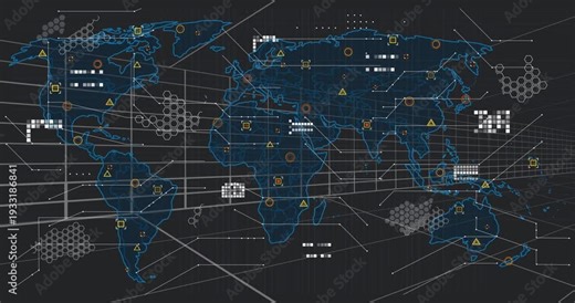 On load blue world map expanding across wireframe grid, adding nodes and linking for data visuals