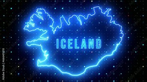 Futuristic Blue Shine Iceland Outline Map And Label Text Glowing Neon Light Flare Motion Reveal With Stars Sparkle Grid Background, 5-10 Seconds Seamless Loop
