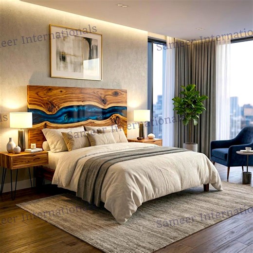 Navy Blue Wave Epoxy Headboard – Black Resin Ocean Design Bed Backboard – Handmade Furniture - Etsy