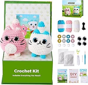 Woohobby Crochet Kit for Beginners and Adults Step-by-Step Video Tutorials 2 Pack Cat Crochet Animal Kit with Beginner Yarn for Crocheting Crochet Kit Gifts for Kids, Adults