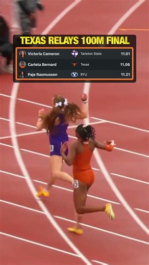 Tarleton State's Victoria Cameron running wind legal 11.01 to win Texas Relays 100m