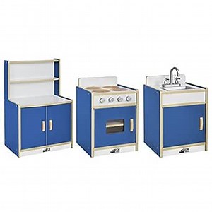 ECR4Kids Colorful Essentials 3-Piece Kitchen Playset (Refrigerator, Sink, Stove), White and Blue