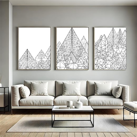 Geometric Mountain Triptych Wall Art Black White Low Poly Wireframe Modern Minimalist Contemporary Decor - Etsy
