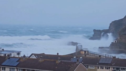 Storm Darragh brings huge waves to Cornwall, UK