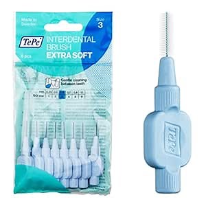 TePe Interdental Brush Extra Soft, Supersoft Dental Brush for Teeth Cleaning, Pack of 8, 0.6 mm, Medium Gaps, Blue, Size 3