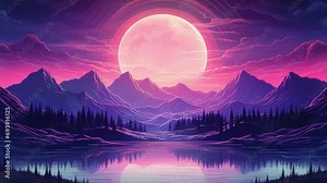 Synthwave tech vapor wave landscape , - Seamless loop animation, created using AI Generative Technology