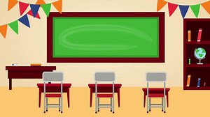 Download School room with desks and chairs, a chalkboard and flags Animation for free