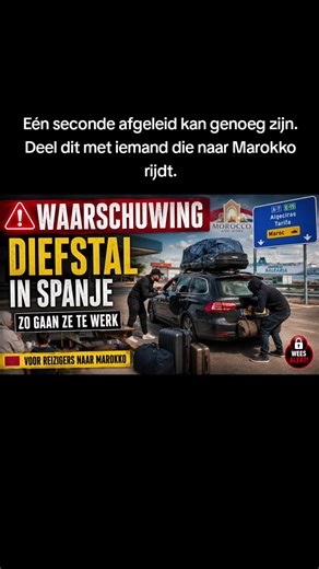 ⚠️ Naar Marokko via Spanje? Let op deze criminele diefstaltruc Rijd je deze zomer met de auto naar Marokko? Wees extra alert bij tankstations, parkeerplaatsen en rustplaatsen in Spanje. Criminelen werken vaak met afleiding: één persoon praat met je of probeert je aandacht te trekken, terwijl een ander je kofferbak opent of een tas probeert te pakken. Laat geen tassen, telefoons, paspoorten of waardevolle spullen zichtbaar in de auto liggen. Sluit altijd je auto, ook als je maar heel even uitstap