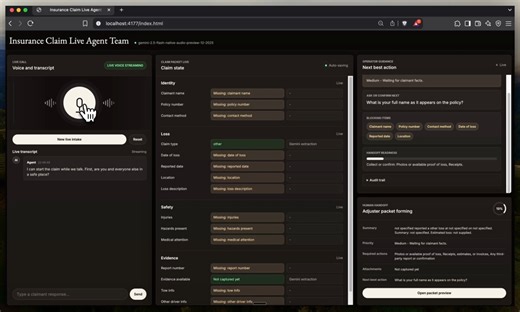 I just built a Voice AI Agent for insurance claims using Gemini 3.1 Flash Live and Google ADK.Talk to it. It fills the intake form, extracts claim details, and routes to an adjuster in real-time.100% Opensource.