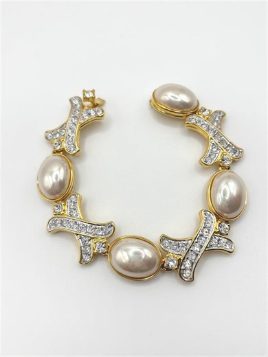 Nolan Miller Pearl & Crystal Bracelet, Vintage Signed Gold Tone Faux Pearl Statement Jewelry, 90s Glam Designer Bracelet - Etsy