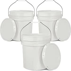 5-Gallon White Bucket Pail Container with Lid | Food Grade | Heavy-Duty Extra Durable | Metal Handles with Plastic Grip for Easy Carrying | Multi-Use | Easy Stack and Store | BPA Free - 3 Pack