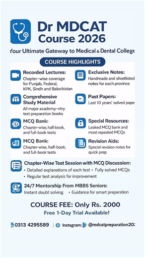 Dr Mdcat on Instagram: "🚀 Start Your MDCAT Journey with Confidence! Dreaming of MBBS or BDS? Your success starts today — and we’re giving you everything you need in ONE place. With Dr MDCAT Course 2026, you get instant access to: 📚 Complete Google Drive Folder with: • Recorded lectures (Punjab, Federal, KPK, Sindh, Balochistan) • Handmade province-wise notes • All major test-prep books • Past papers (last 10 years) • Leaked MCQ bank + most repeated MCQs • Chapter-wise, half-book & full-book te