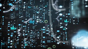 Network grid of files and folders with futuristic software interface digital document management system, store, cloud computing, animation on black background
