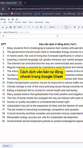 Hướng dẫn sử dụng Google Sheet để dịch văn bản tự động
