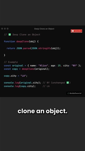 How to deep clone an object in JavaScript? . . . . . #javascript #reactjs #html #css #jquery #frontend #webdeveloper #string #interviewquestions #javascriptdeveloper #programming #codingmemes #codingchallenge #cod #codingmemes #coder #microsoft #aws #azure #gcp #api #github #backend #programming #reels #reelsinstagram #trendingreels #trending #aws #trendingréels | Geek4Tutorial