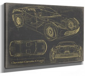 Vintage Chevrolet Corvette (C7) Car Model Print, Original Blueprint Canvas, Framed, or Unframed Art - Etsy
