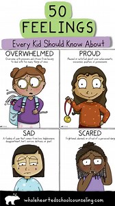50 Feelings Posters Handbook! https://bit.ly/TheFeelingsPosters . Social Emotional Learning starts with children recognizing, labeling, and understanding the different feelings and emotions that people experience. These multicultural visual support posters and accompanying handbook provide definitions, examples, facial expressions, and body language cues for 50 different feelings...it's like a Feelings Dictionary for Kids! | WholeHearted School Counseling