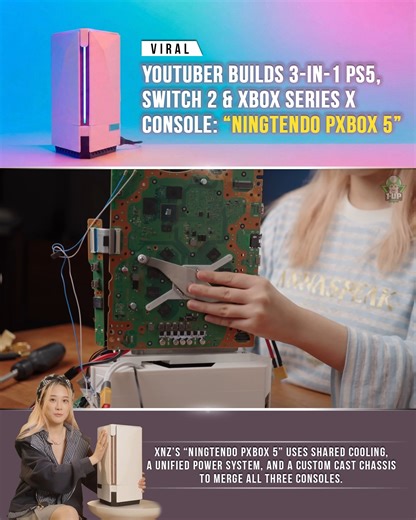 Chinese YouTuber and hardware modder 小宁子 (XNZ / xnzxnz) has stunned the gaming world by building a fully functional 3‑in‑1 console that merges a PlayStation 5, Xbox Series X, and Nintendo Switch 2 into a single custom machine. She calls the creation the “Ningtendo PXBOX 5.” Rather than simply stacking the consoles together, XNZ disassembled each system down to its essential components, then rebuilt them inside a custom triangular chassis using lost‑wax metal casting and 3D‑printed structural par