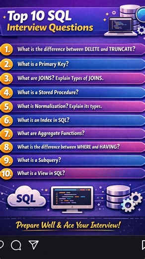 🚀 Top 10 SQL Interview Questions Preparing for SQL interviews? These are the most commonly asked SQL questions every fresher and job seeker should know! 💻🔥 ✅ Perfect for beginners ✅ Helpful for interview preparation ✅ Useful for students & working professionals 📌 Save this post for revision 📌 Share it with your friends 📌 Comment below: Which SQL question do you find most difficult? 👇 💡 Practice SQL daily and crack your interview with confidence! #SQL #SQLInterview #SQLInterviewQuestions