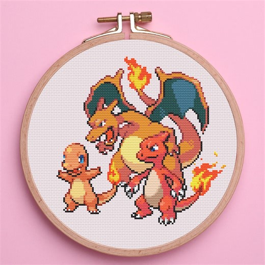 Charmander Evolution Cross Stitch Pattern. Geeky Cross Stitch Pattern. 8-Bit Cross Stitch Pattern. Poket Monster Cross Stitch