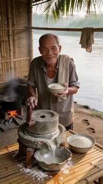 Cách xay bột gạo bằng cối đá truyền thống làm bánh #xaybot #coida #amthuc