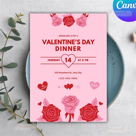 Floral Valentine's Day Dinner Invitation, Red and Pink, Editable Canva Template (digital Download) - Etsy