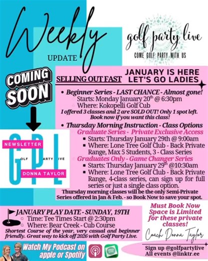 ✨ WEEKLY GOLF UPDATE — WHAT’S COMING UP ✨ If you’re looking to learn golf, get back into the game, or level up, here’s what I currently have open for sign-ups ⛳👇 ⸻ 🌙 TUESDAY NIGHTS — BEGINNER SERIES 🗓 Starting January 20 🕡 6:30 PM 📍 Under the lights at Kokopelli Golf Course This series is perfect for: • Brand-new golfers • Golfers returning to the game • Anyone who works and can’t make a 5:00 PM beginner clinic If evenings work best for you, this is a great opportunity to build strong funda