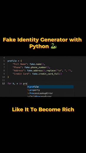 🧪 Full Fake Identity Generator Python #coding #python #shorts #generator #fakedata #faker