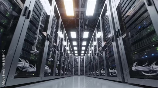 Modern Data Center With Rows Of Server Racks Showcasing Tech Computing Infrastructure And Networking Equipment For Cloud Storage And I T Solutions. Brightly Lit Facility