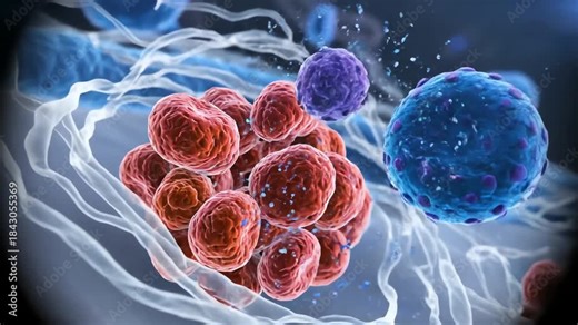 Detailed medical animation of nanobots targeting and dissolving a dangerous red blood cell thrombus in a vessel.