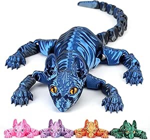 12 Inch 3D Printed Cat, 3D Printed Animals, Realistic Hairless Cat with Flexible Articulated Joints, Fidget Toy Desk Adults for Stress Relief, Home Office Decor (Blue and Black)