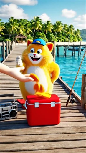 Cute Cartoon Cat Catches Pink Fish in a Blue-White Canoe!