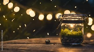 Sparkling fireflies in jar. Glowing bug firefly, butterfly coming out of a jar in a night isolated on a natural background. Magic night imagination. Magical nature concept Stock Video