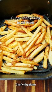 How to make super crispy fries in Air Fryer Ingredients and steps: Take 3 potatoes. Peel them and wash them then cut them in fries. Dry them off very well. There should be no water in the fries. Add 2 tbsp gram flour 1 tbsp plain all purpose flour. Coat them very well. Brush some oil on your air fryer rack. Place the fries in the basket. @asda oil spray is alcohol free. Oil spray the fries very very well. Air fry at 190ºC for 15 minutes. Shake them halfway through and oil spray again and put the