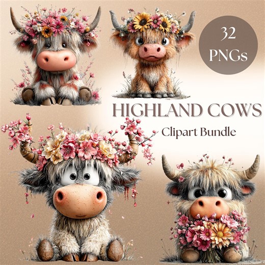 Highland Cow PNG Bundle: Cute Floral Cow Graphics, Baby Cow Illustration (digital Download - 32 Pngs) - Etsy