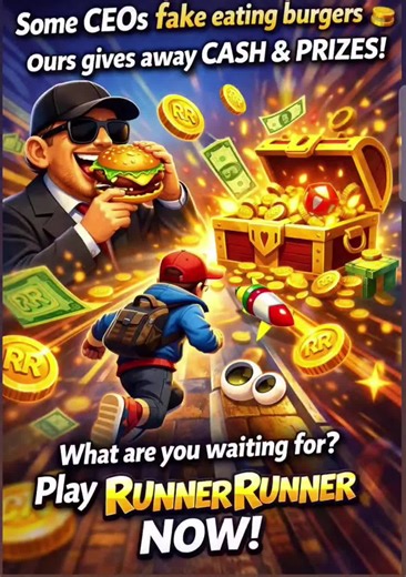 So the new trend is CEOs pretending to eat burgers… 🍔 Cool. Meanwhile our CEO is over here launching CASH & PRIZES for players in Runner Runner. 💰🎁 No fake bites. Just real rewards. What are you waiting for? Run a round. 🏃‍♂️🔥🪙 #gaming #RunnerRunner #cash #mobilegame