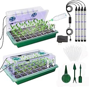 MQUPIN Seed Starter Tray with Grow Light 4 LED, 2 Pack/80 Cells Adjustable Brightness Seed Starter Kit,Seedling Starter Kit with Dome and Base for Greenhouse Seeds Growing Starting(Green)