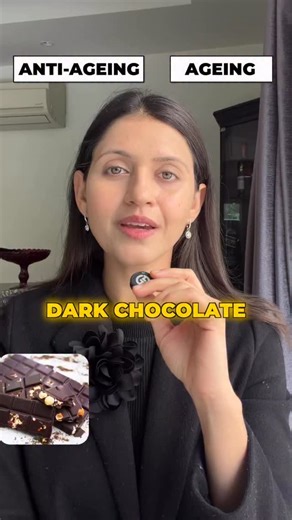 Dr. Jushya Bhatia Sarin on Instagram: "Dark Chocolate — Neutral / Possible anti-ageing support Cocoa flavanols act as antioxidants that reduce oxidative stress, with modest supportive effects on skin ageing. White Chocolate — Ageing High sugar and fat with negligible cocoa flavonoids promote inflammation without antioxidant benefit. Red Wine (100–150 ml, 2–4×/week) — Neutral (conditional) Resveratrol offers minor antioxidant support, but alcohol-induced dehydration and collagen damage limit bene